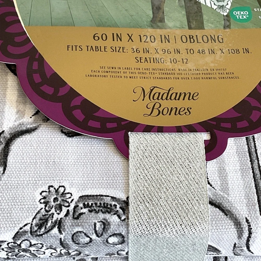 Madame Bones Halloween Tablecloth 60x120 Oblong Cotton Skull Candelabra Grey